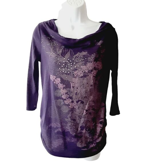 Style & Co Graphic 3/4 Sleeve Shirt Top PURPLE BLING LIGHTWEIGHT STRETCH XS - Picture 1 of 8